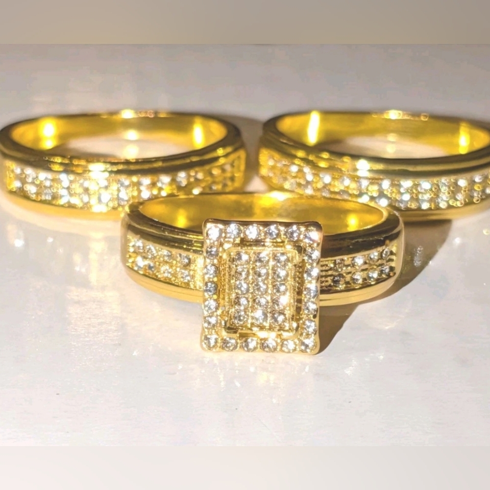 Wedding Bridal His/Her Trio Ring Set 14K Yellow Gold Plated Real Moissanite 3Ct